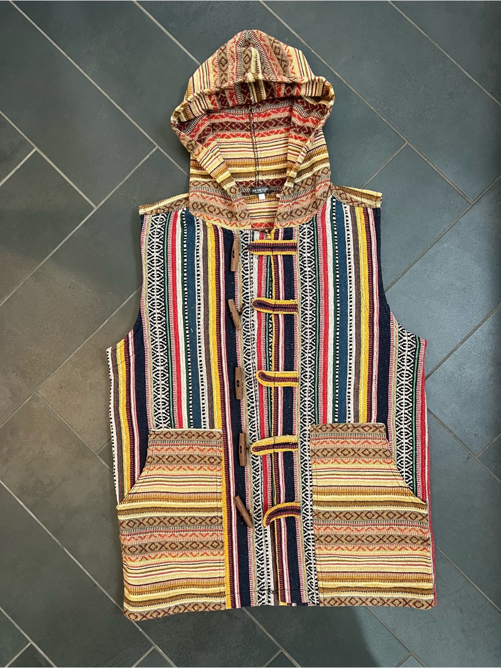 Earthbound Trading Colorful Striped Hooded Baja Vest, Large, EUC, Woven Cotton